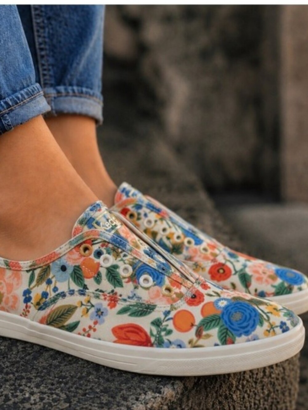 Keds X Rifle Paper Co. 11 Floral Slip-On Sneakers Wht Orange & Blue